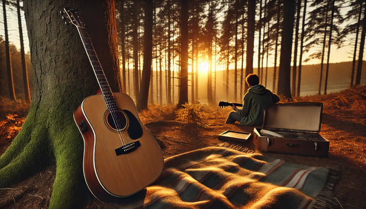 An acoustic guitar resting against a tree trunk in a serene forest setting at sunset, with warm golden light filtering through the trees. A person in the background strums another guitar, enveloped in the music.